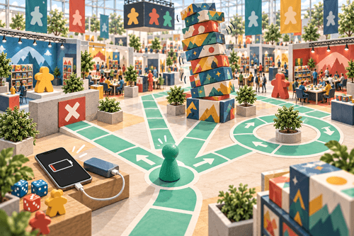 Grafik einer verwirrten Spielfigur auf der Messe